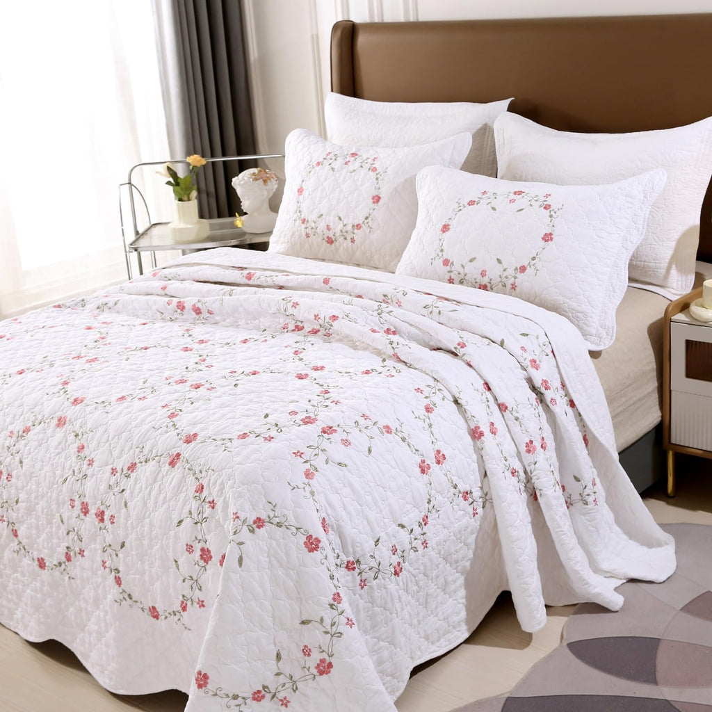 3 Piece Cotton Quilt Bedspreads Elegant Floral Embroidered Soft Lightweight Cotton Coverlet, 1 Quilt and 2