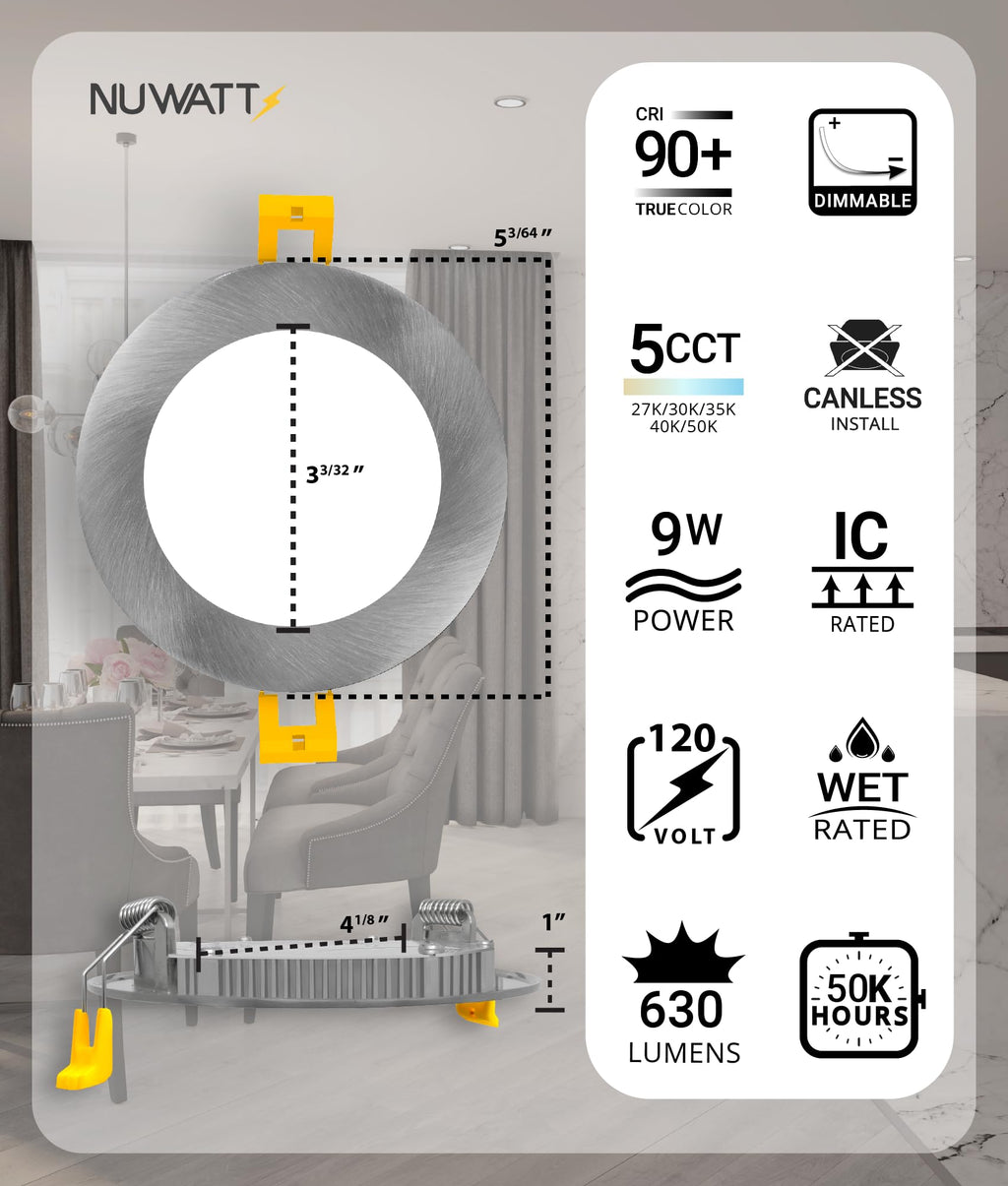 4 Inch Canless Brushed Nickel Recessed Lights 2700K-5000K, ETL, 6 PK