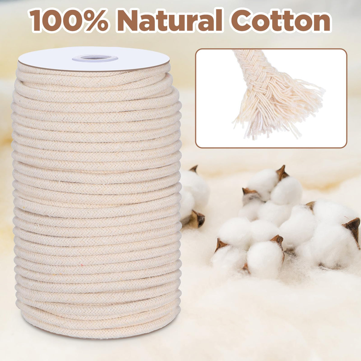 1/4" Cotton Piping Cord 6 mm Natural Cording for Sewing Piping for Pillows and Other Soft Welt Applications (46 Yds)