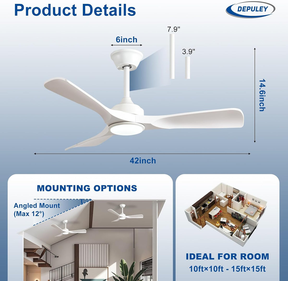42" White Indoor/Outdoor Ceiling Fan with Light & Remote