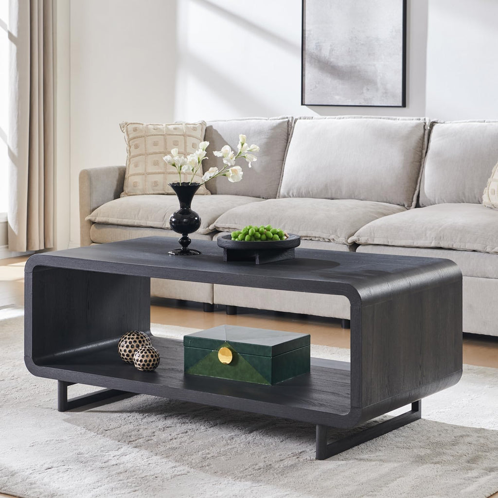 48" Modern Coffee Table, 2-Tier Minimalist Center Table with Storage Shelf, Curved Profile Design