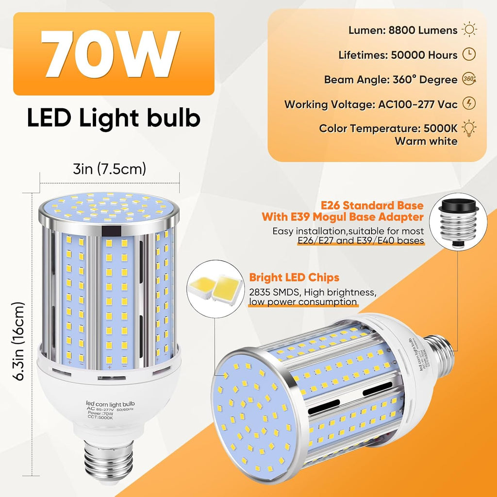 70W LED Corn Light Bulb(2 Pack),(700 Watt Equivalent) Fanless E26/E39 Medium/Large Mogul Base LED Cob Lamp 5000K