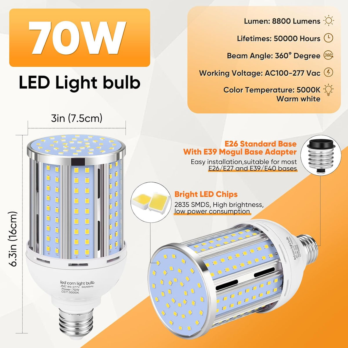 70W LED Corn Light Bulb(2 Pack),(700 Watt Equivalent) Fanless E26/E39 Medium/Large Mogul Base LED Cob Lamp 5000K