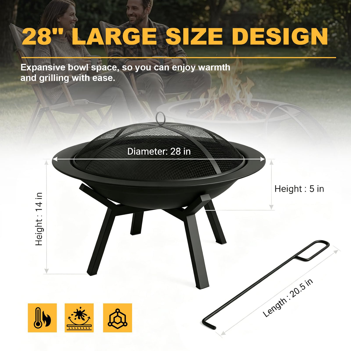 Outdoor Wood Burning Fire Pit, Heavy Duty Round Steel Fire Bowl for Backyard, Patio, Camping, Bonfire, Black Finish