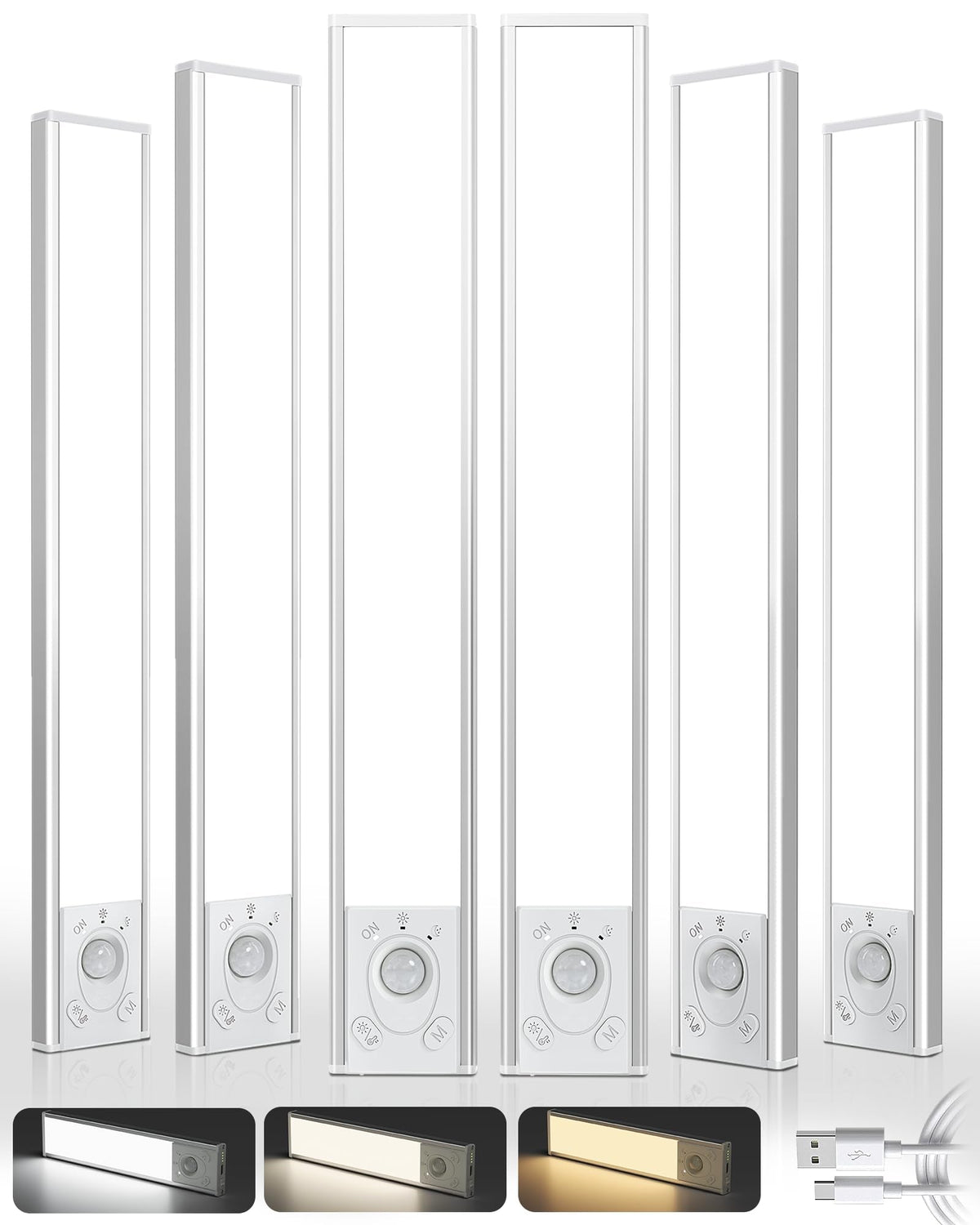 Under Cabinet Lighting Wireless, 6Pack 17'' Rechargeable Closet Lights, LED Motion Sensor Indoor, Dimmable & 3 Color