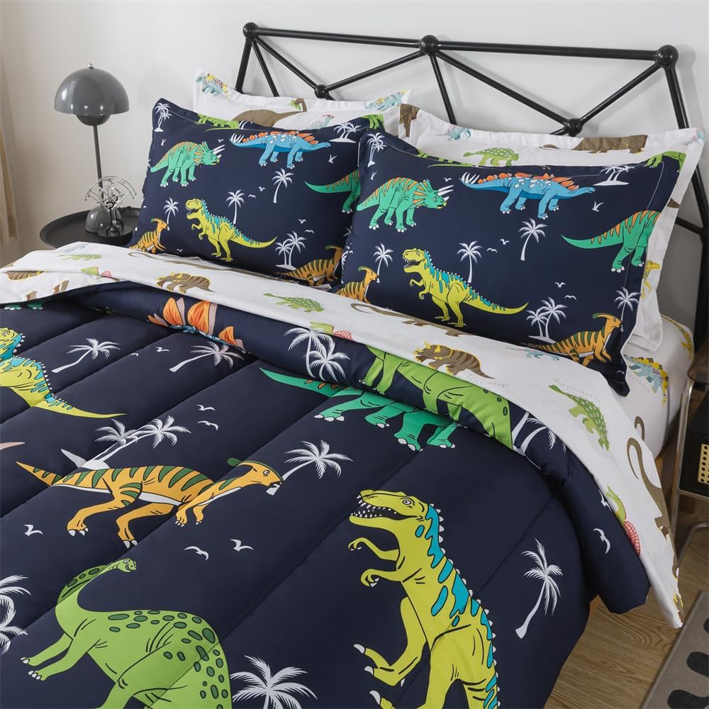 7 Pieces Dinosaur Comforter Kids Jungle Dinosaur Bedding Set Bed in A Bag for Boys T-Rex Dino Comforter and