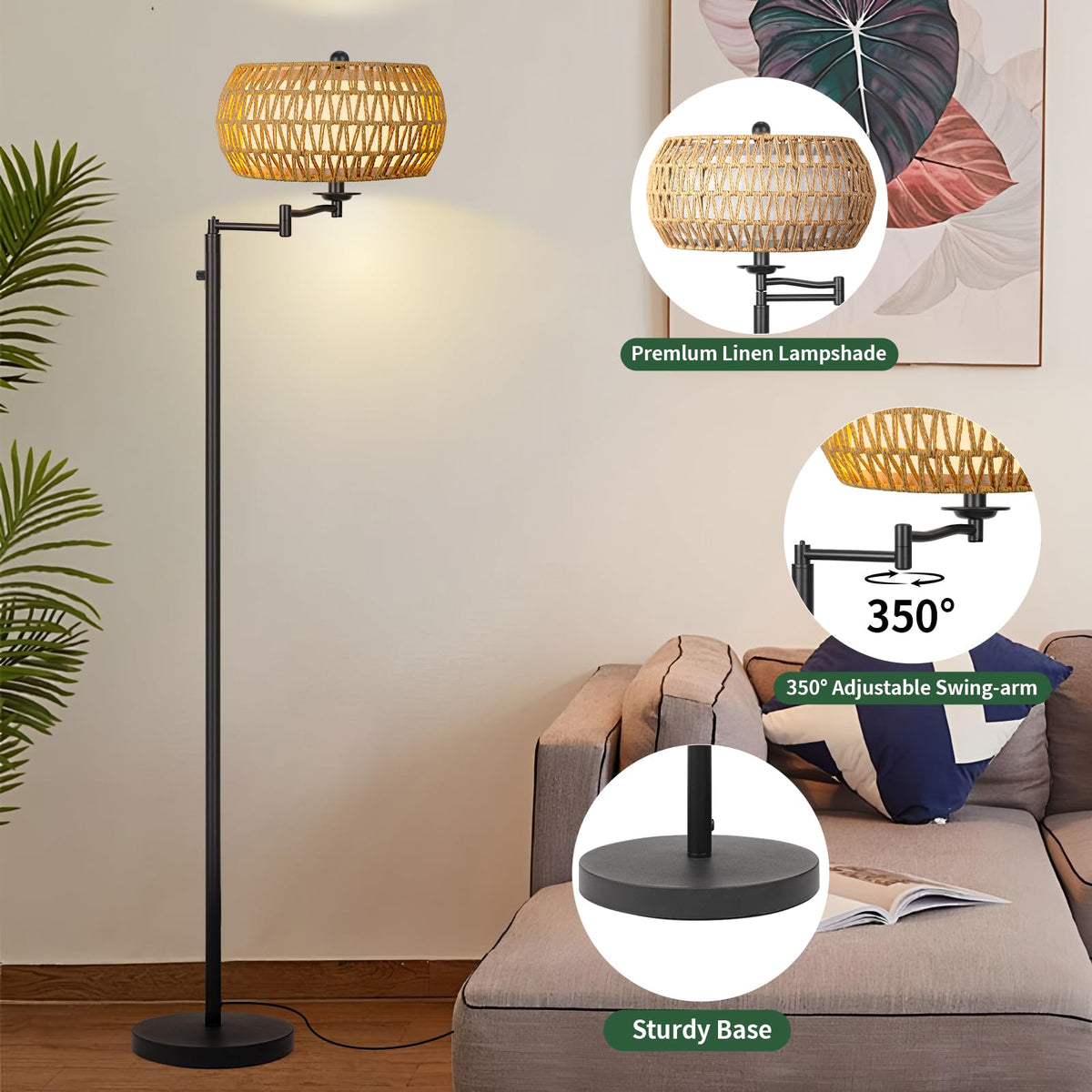 Dimmer Rattan Floor Lamp, Tall Boho Standing Lamp with Swing Arm, Hand Woven Lamp with 2 * 9W LED Bulb, Bright Tall Lamp