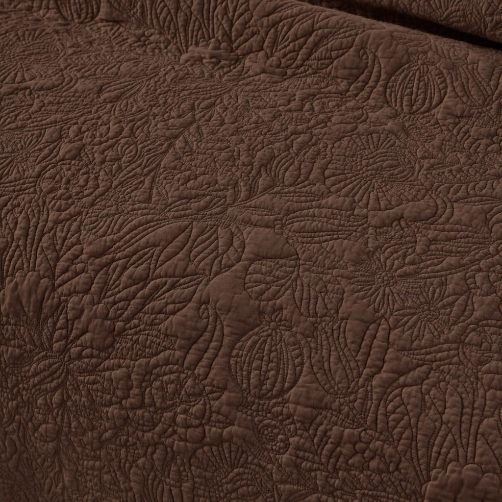 Brown Botanical Cotton Quilt Set Queen Floral Stitched Quilts 3PC