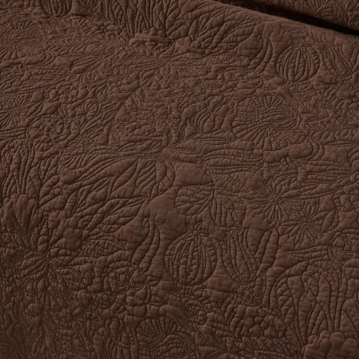 Brown Botanical Cotton Quilt Set Queen Floral Stitched Quilts 3PC
