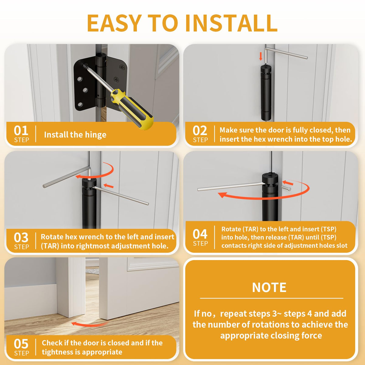 3 Pack Self Closing Door Hinges, 4 Inch, Adjustable Tension, Black