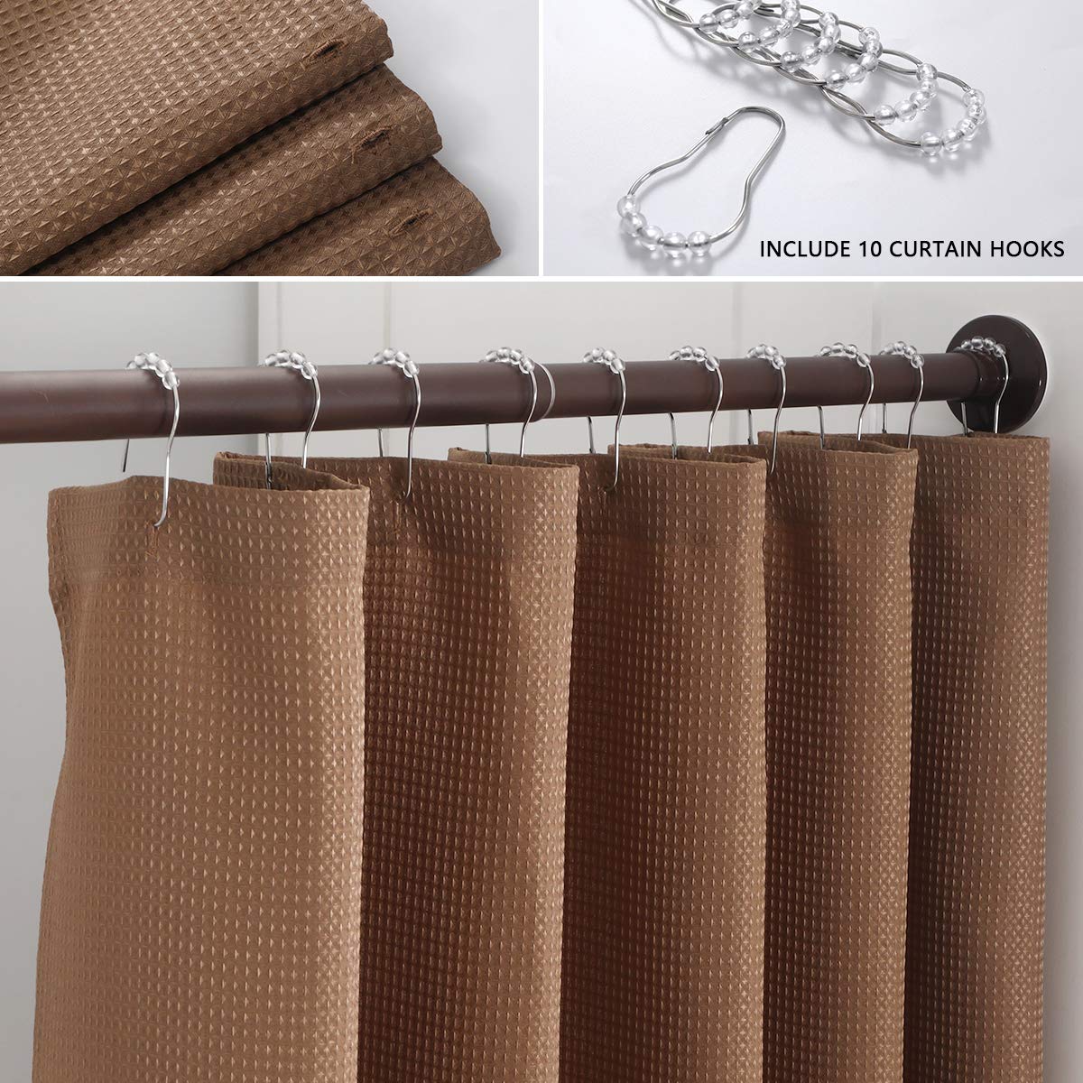 Brown Shower Curtains 72 inches Long Waffle Fabric Farmhouse Modern Square Textured Shower Curtains with Hooks