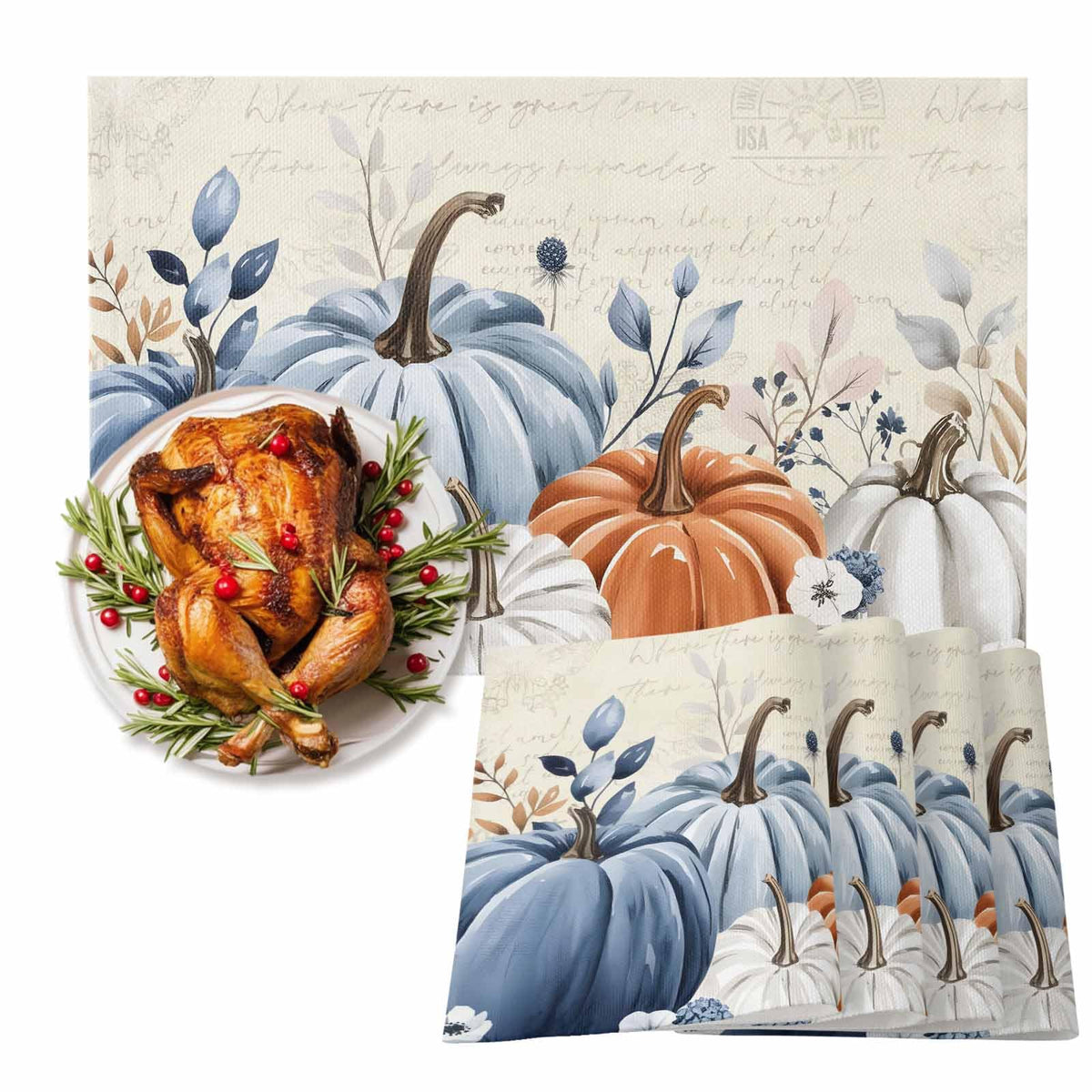 Fall Placemats Set of 4 Blue Pumpkin Place Mats Floral Leaves Autumn Placemat Washable Harvest Thanksgiving Table