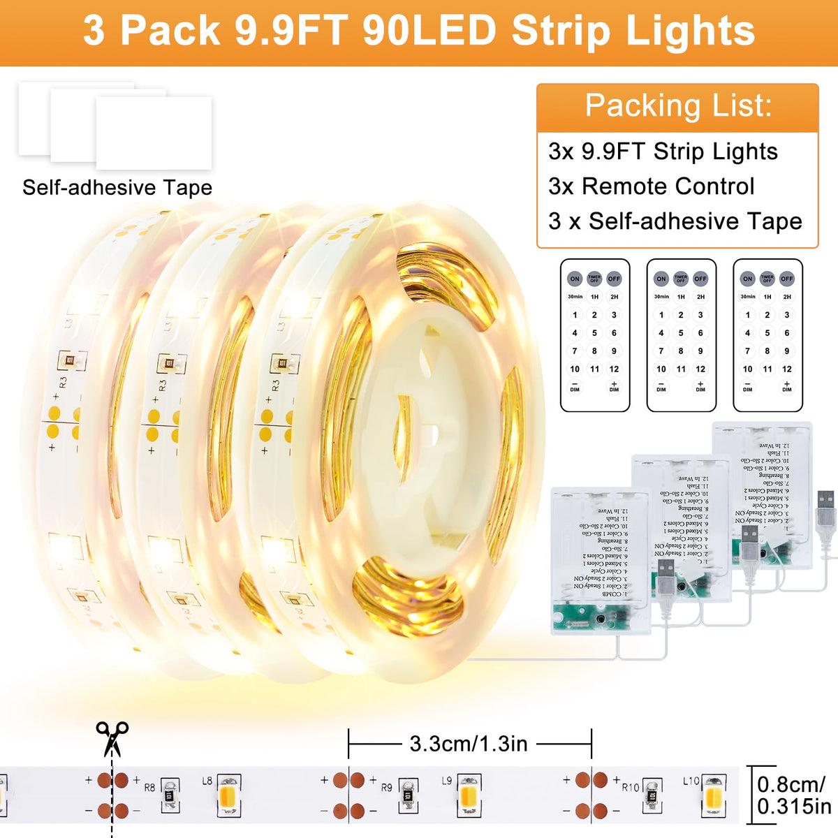 3 Pack 9.9FT Under Cabinet Lights Battery Powered with Remote, 12 Modes, Self-Adhesive, Flexible, Dimmable, Timer