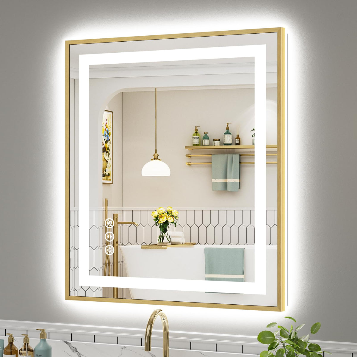 36x30 Inch LED Bathroom Mirror with Gold Frame, Backlit & Front Lit