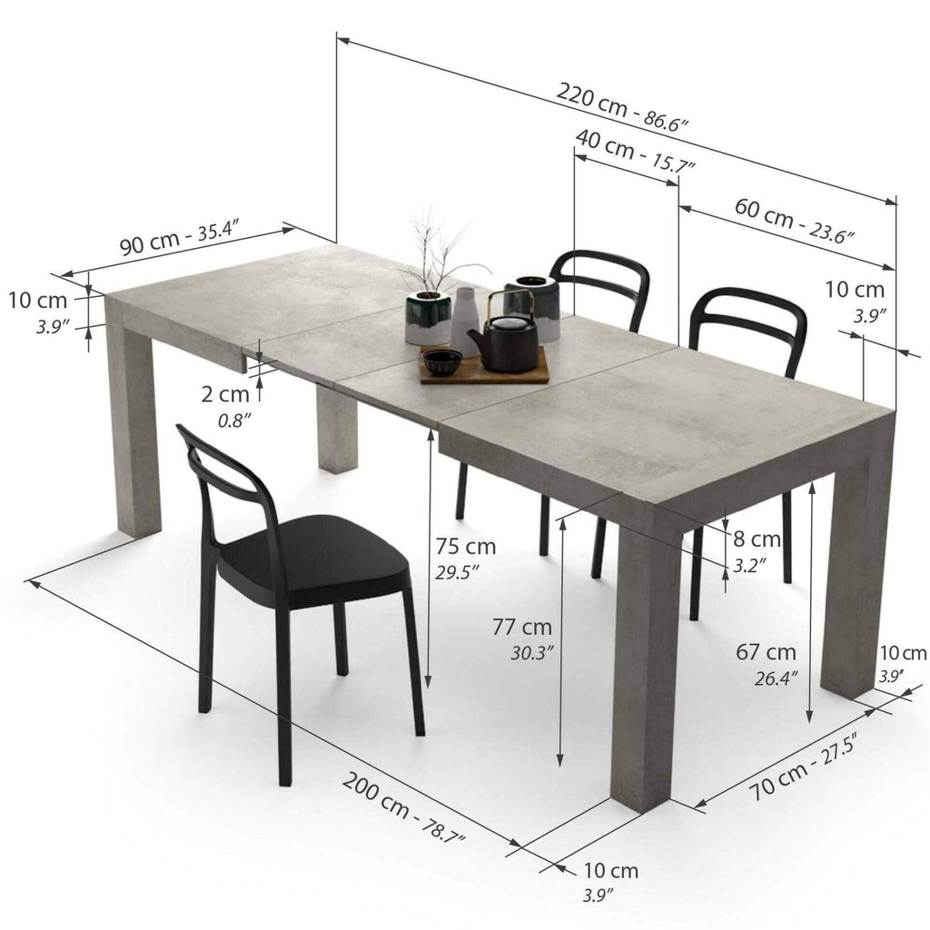 Iacopo Extendable Dining Table, 55.1(86.6) x35.4 in, Concrete Effect, Grey, for 6-10 People, Expandable Dining Table