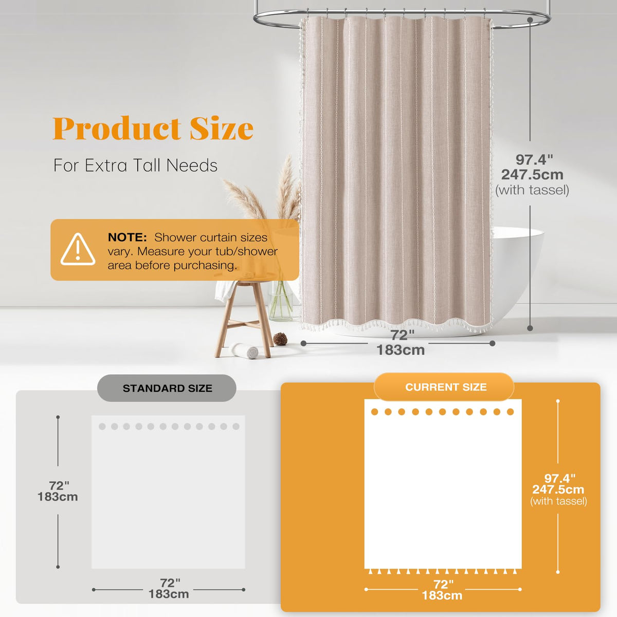 72x96 Extra Long Boho Linen Heavy Duty Shower Curtain Set, Tan/Taupe
