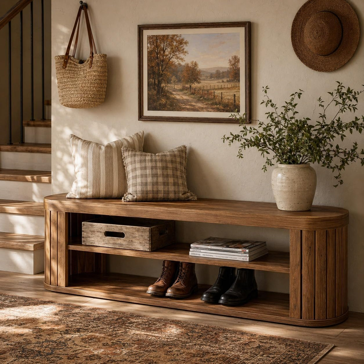 47.2 in. 3-Tier Entryway Bench with Shoe Storage,Farmhouse Wooden Foyer Bench with Adjustable Foot Pads,End of Bed