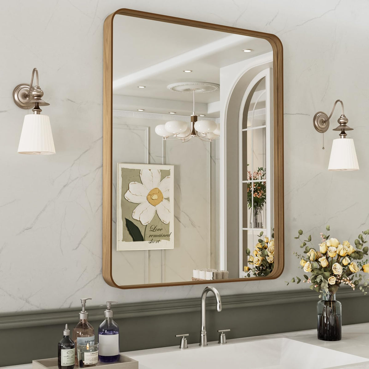 22X30 Inch Bathroom Mirror with Wood Grain Colored Metal Frame