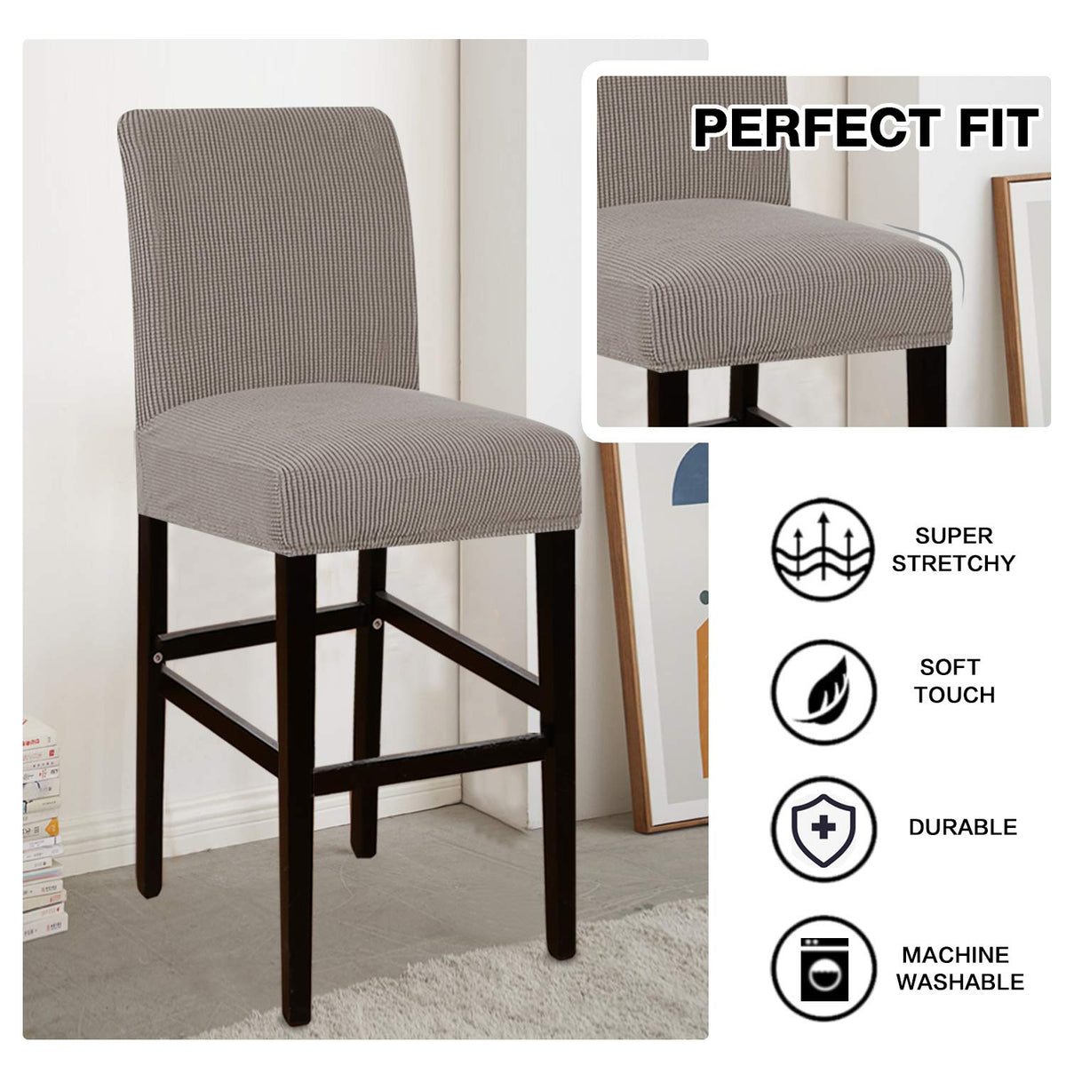 High Stretch Stool Seat Cover Pub Counter Stool Bar Chair Covers Slipcover Non Slip with Elastic Bottom Set of 2