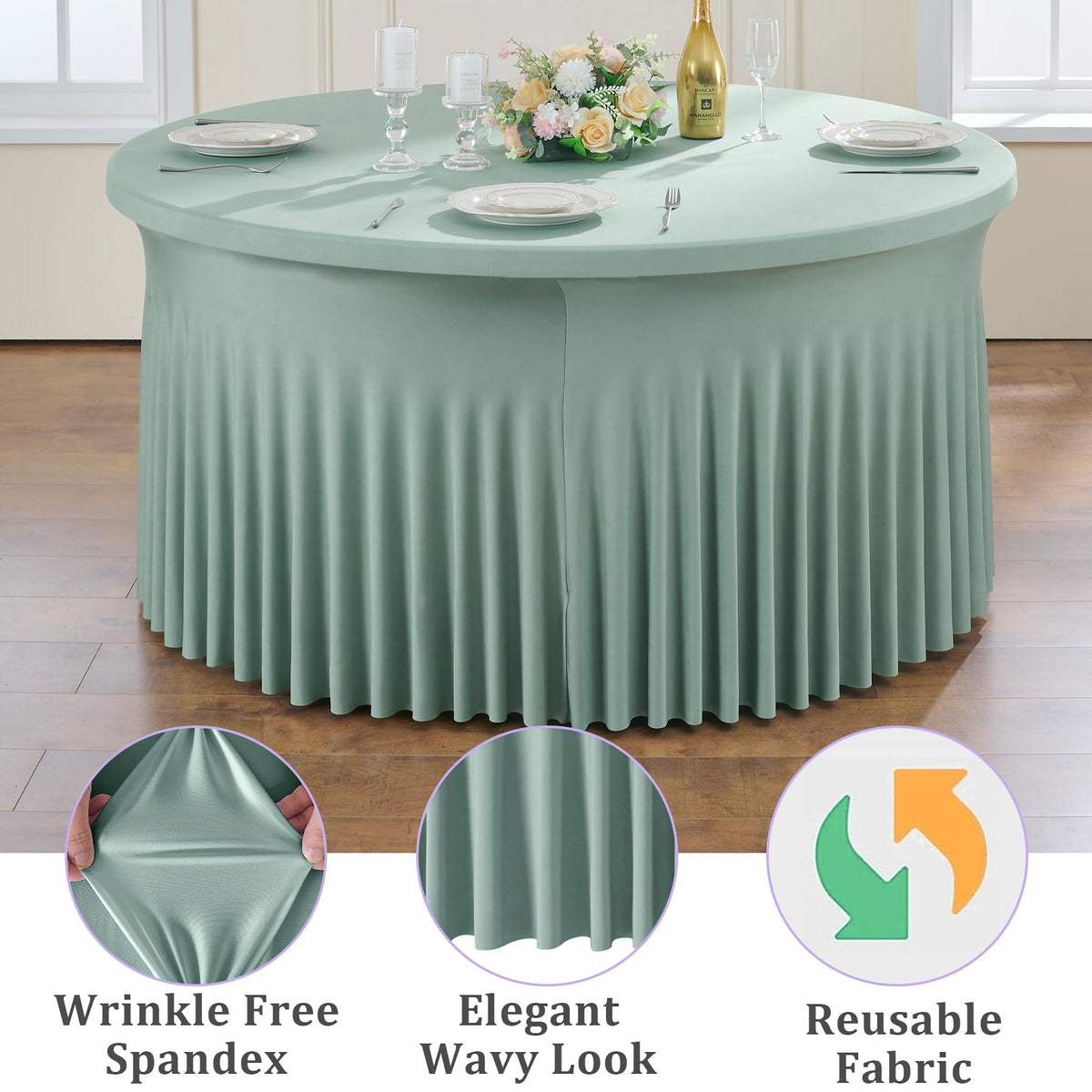 6 Pack Sage Green Spandex Round Tablecloths for 60 inch Table, Wrinkle Free Stretchy 120inch Fitted 5FT Round Table