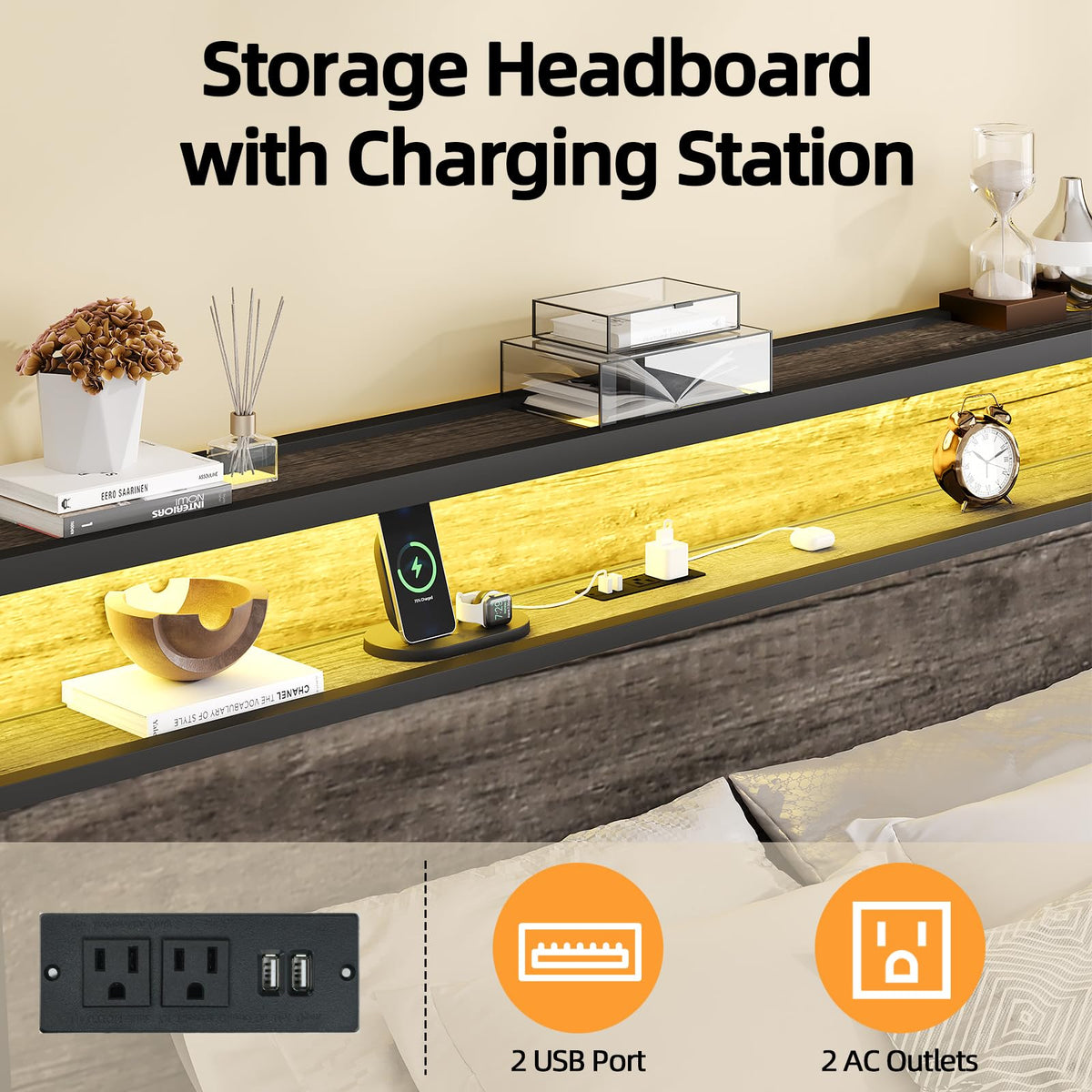 Bed Frame with LED Lights and Charging Station, Farmhouse Metal Platform Bed Frame with Storage Headboard