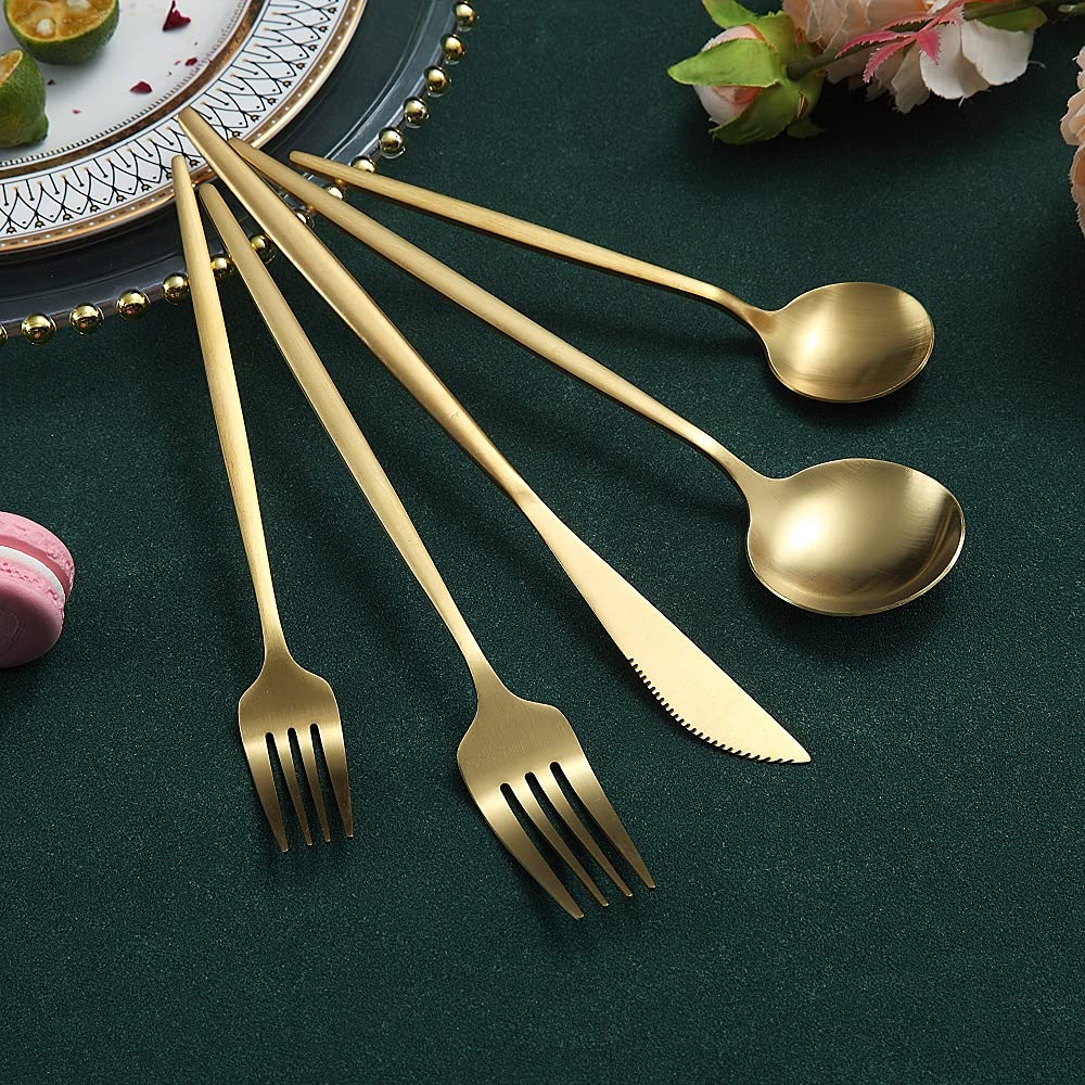 Matte Gold Silverware Set 20 Pieces, Stainless Steel Golden Flatware Set, Titanium Plating Cutlery Set, Matte Gold