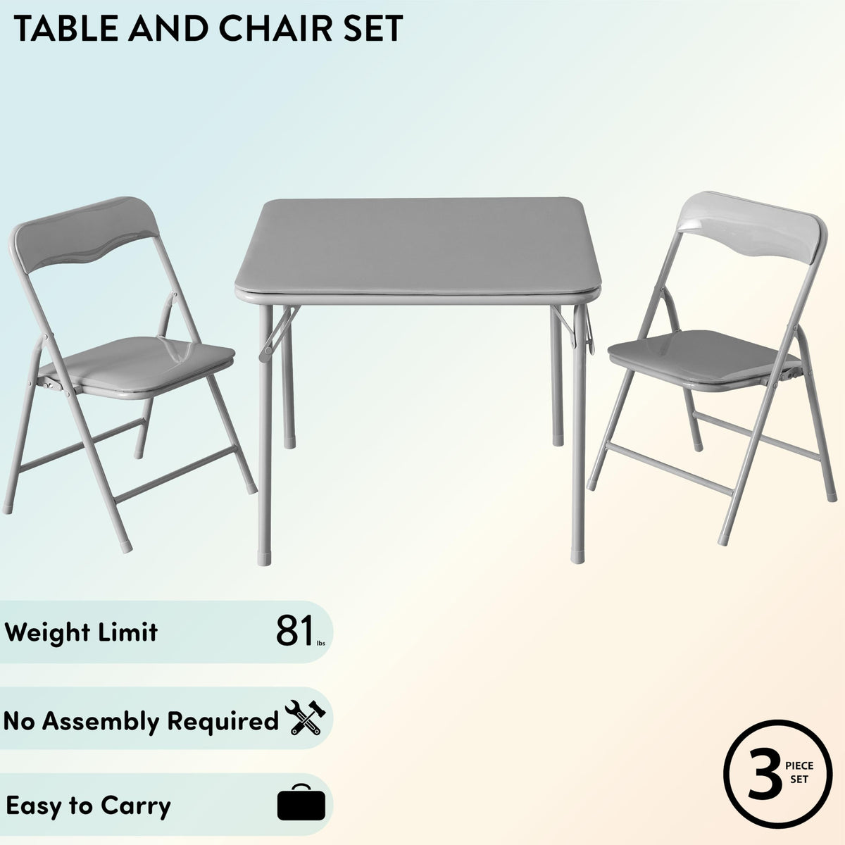 Grey Kids Activity Table and Chair Set, 3-Piece Furniture Set with 1 Square Table & 2 Folding Chairs, Playroom Table