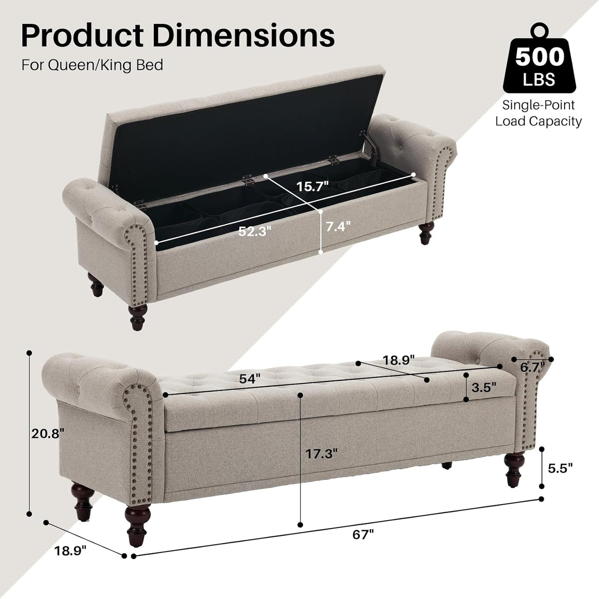 67" Storage Bench , Linen Upholstered, Light Brown | King Size End of Bedroom Bed Bench Ottoman with Tufted Cushioned