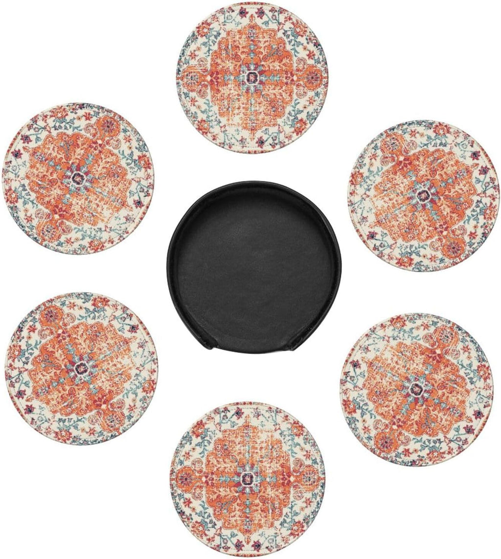 Vintage Retro Ethnic Boho Coasters for Drinks Round Leather Coaster with Holder for Tabletop Protection Desk - Set of 6