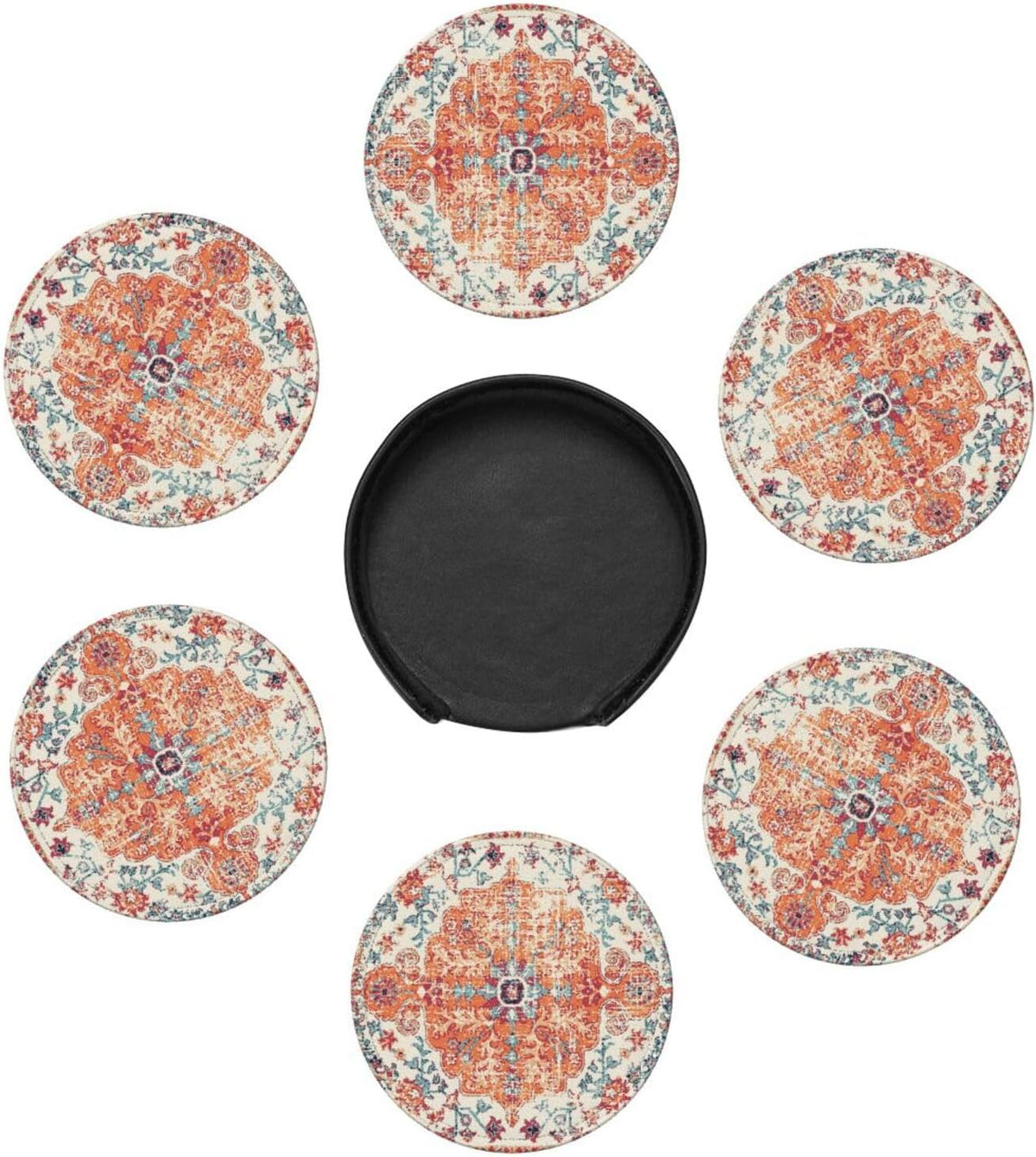 Vintage Retro Ethnic Boho Coasters for Drinks Round Leather Coaster with Holder for Tabletop Protection Desk - Set of 6