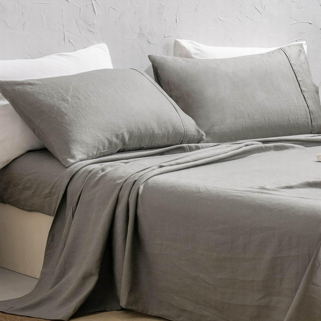 100% Washed French Linen Sheet Set - Charcoal Linen-4 Pieces (1 Flat Sheet, 1 Fitted Sheet & 2 Pillowcases)
