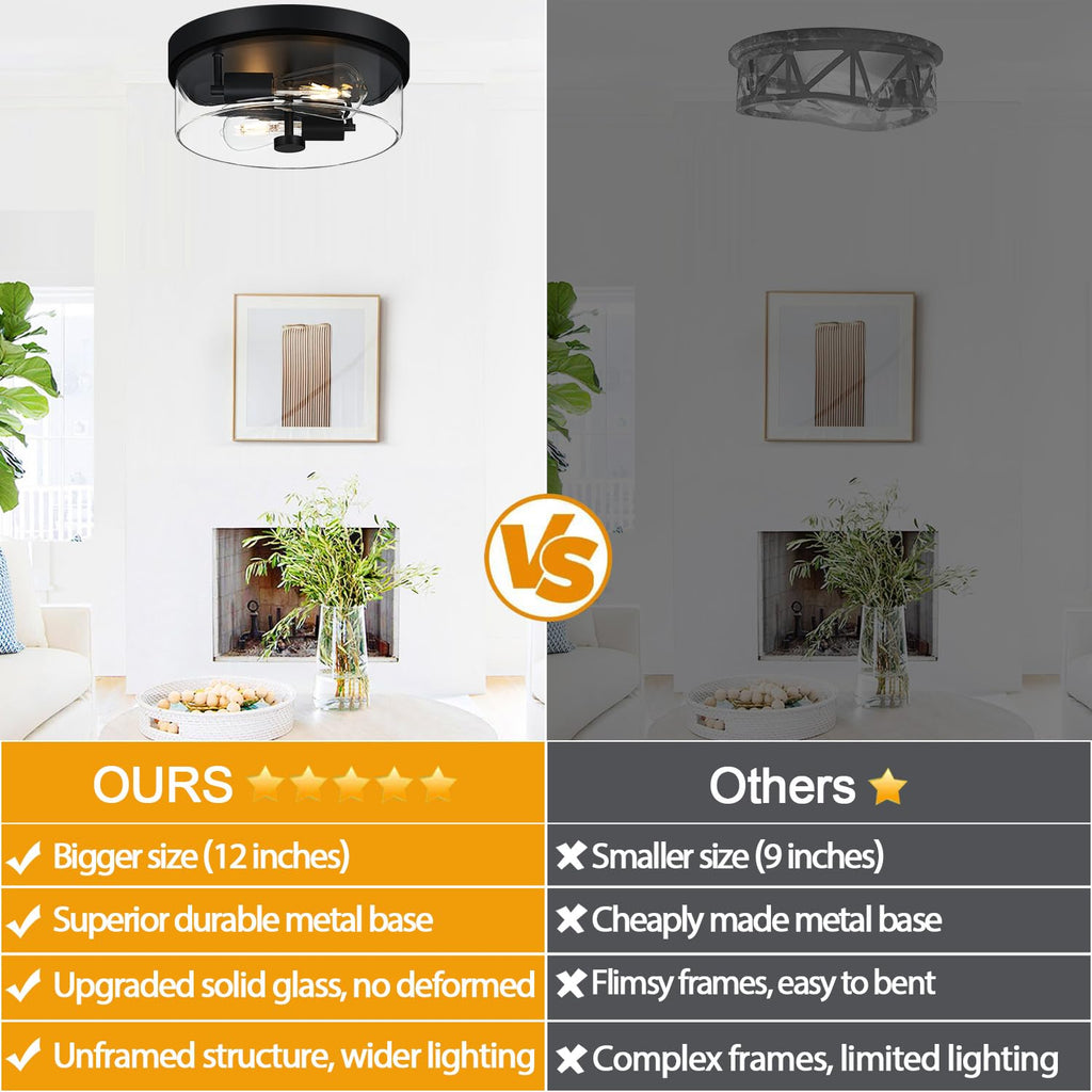 Flush Mount Ceiling Light Fixtures, 2-Light Black Ceiling Mount for Farmhouse with Clear Glass Lampshade, Industrial