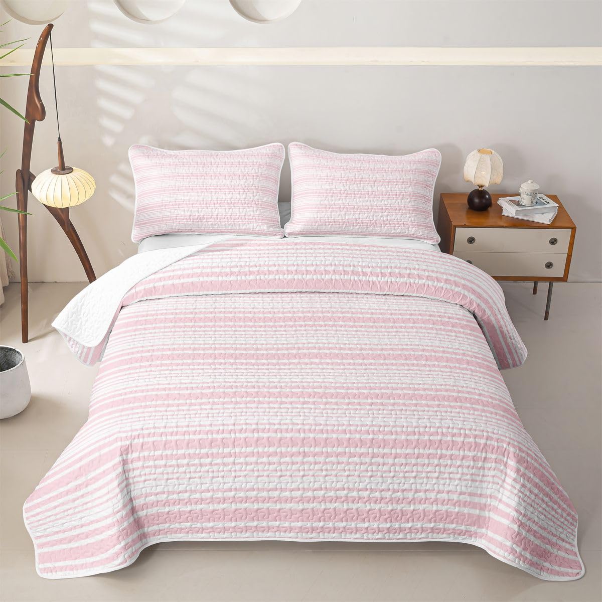 Pink Striped Quilt Set, Farmhouse Ticking Stripes Quilt Modern Geometric Lines Bedspread Coverlet with