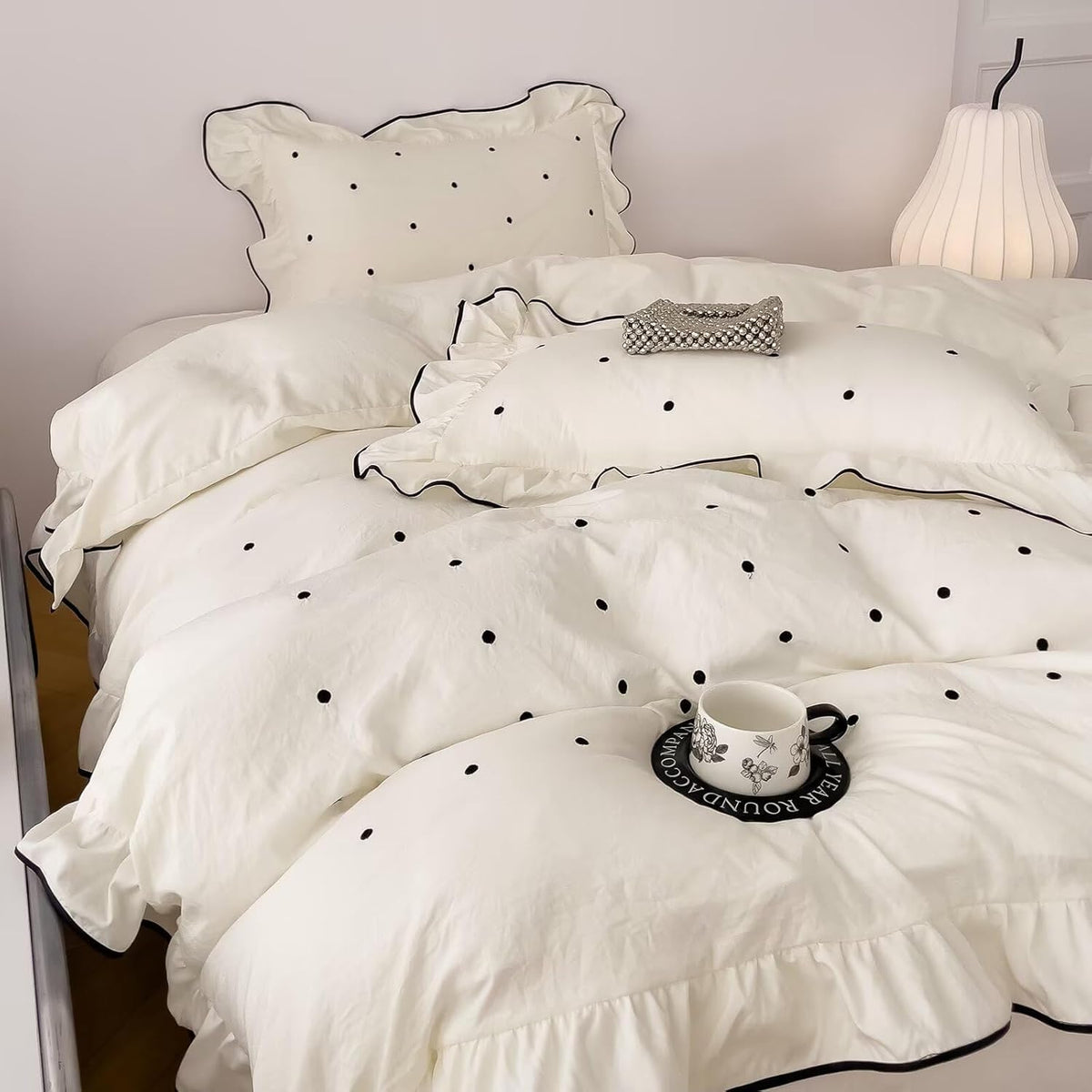 Polka Dot Duvet Cover Elegant White Ruffle Bedding Set