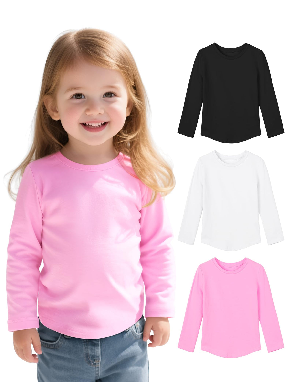 3 Pack Toddler Girls Long Sleeve Shirts Crewneck Soft Cotton Tees