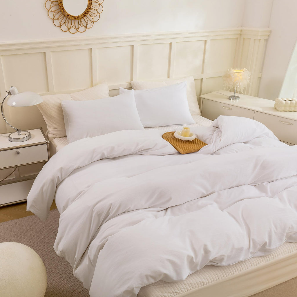 Cotton 3 Pcs Duvet Cover Set Linen Feel Off White Queen