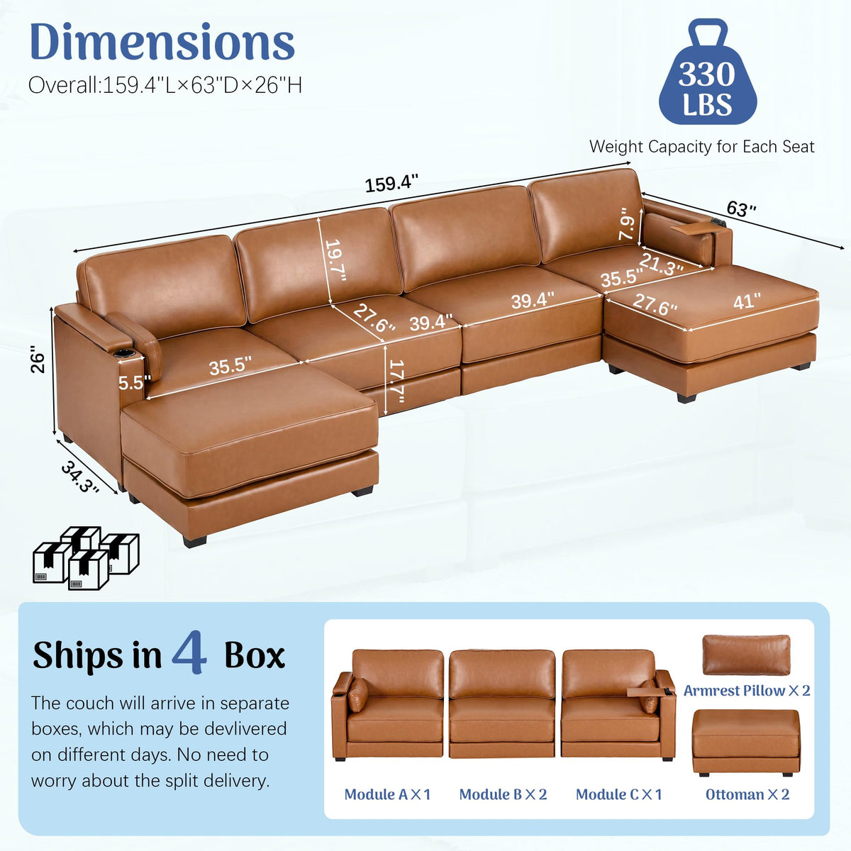 Redlife 159" Modular Sectional Sofa, 4-Seat PU Leather Couch with 2 Ottoman