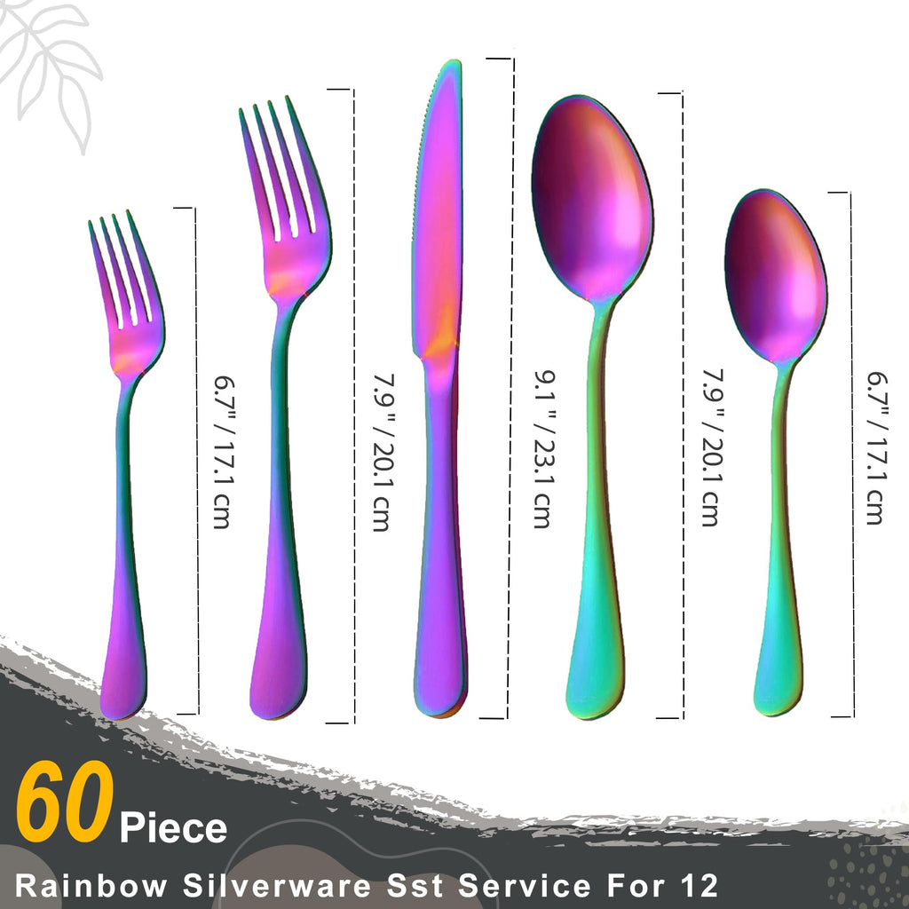 60-Piece Rainbow Flatware Set, Stainless Steel Cutlery Set for 12