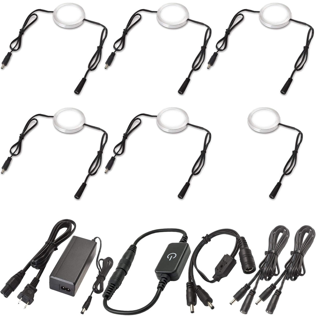 Under Cabinet LED Pucks 120V Hardwired, Touch Dimmer, 6 Lights, Daylight