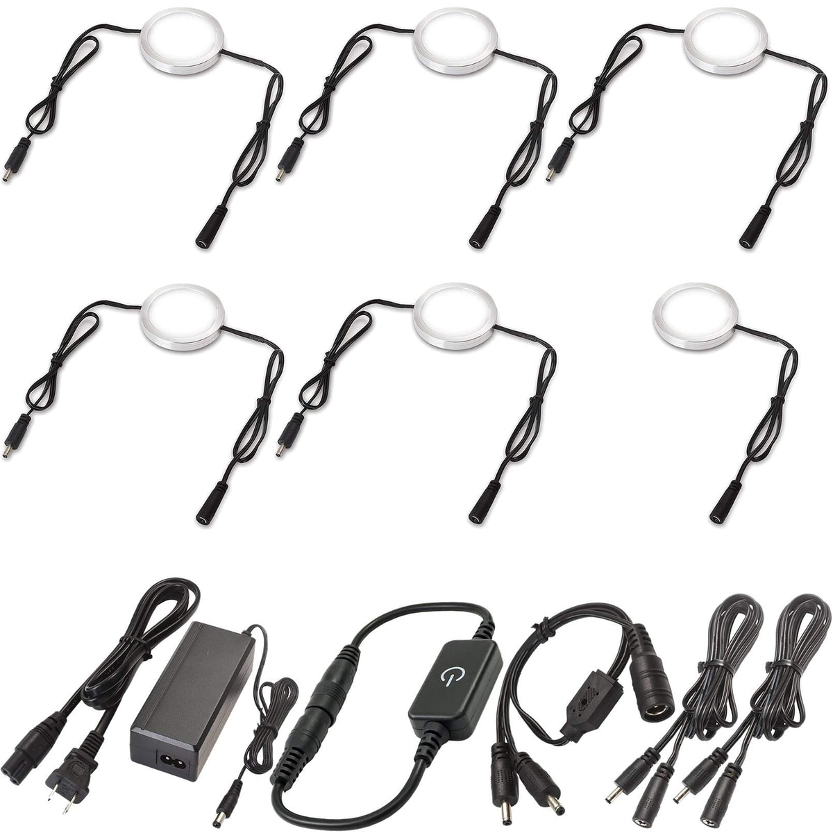 Under Cabinet LED Pucks 120V Hardwired, Touch Dimmer, 6 Lights, Daylight