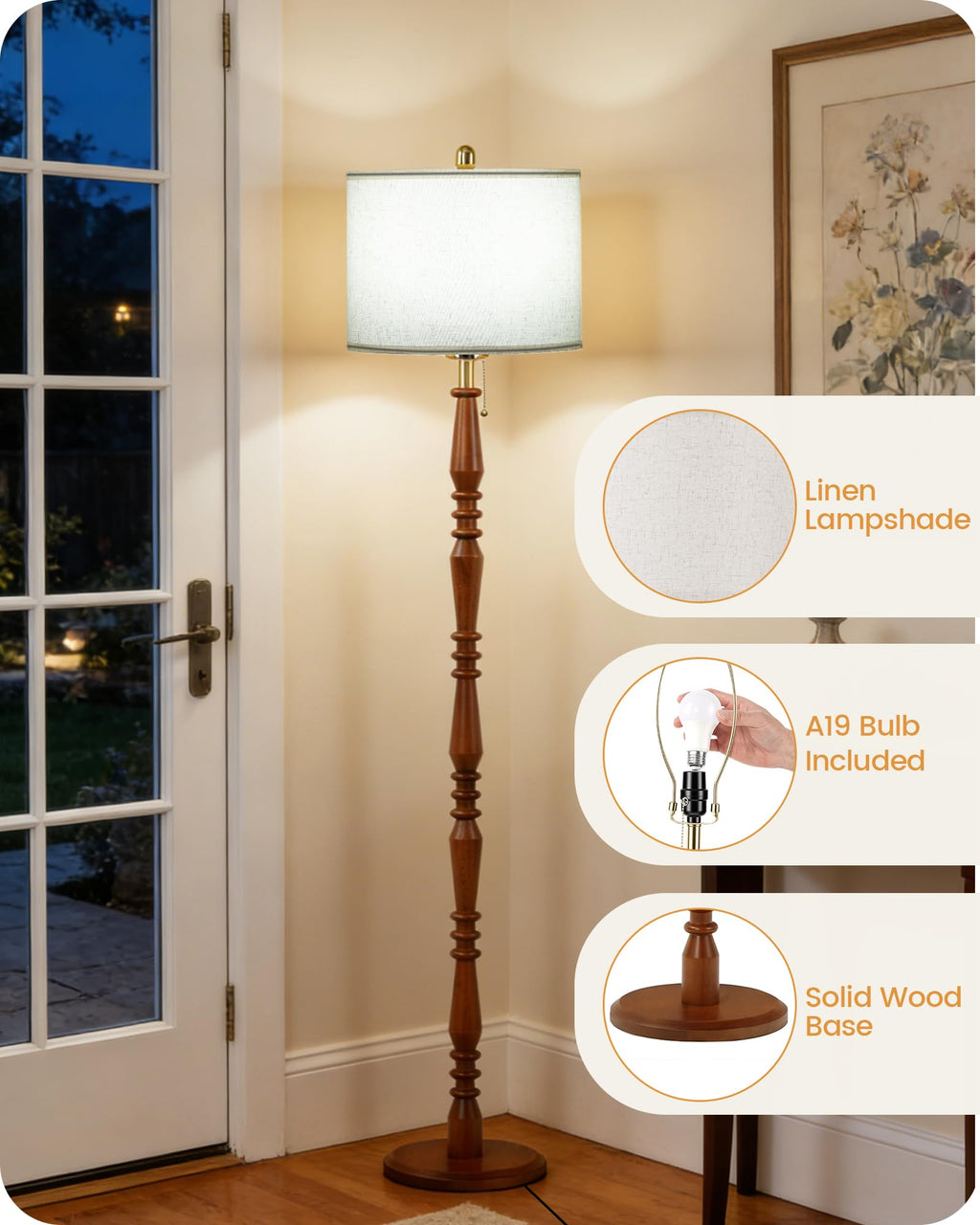 65" Farmhouse Wood Floor Lamp with Pull Chain, 3CCT, Walnut