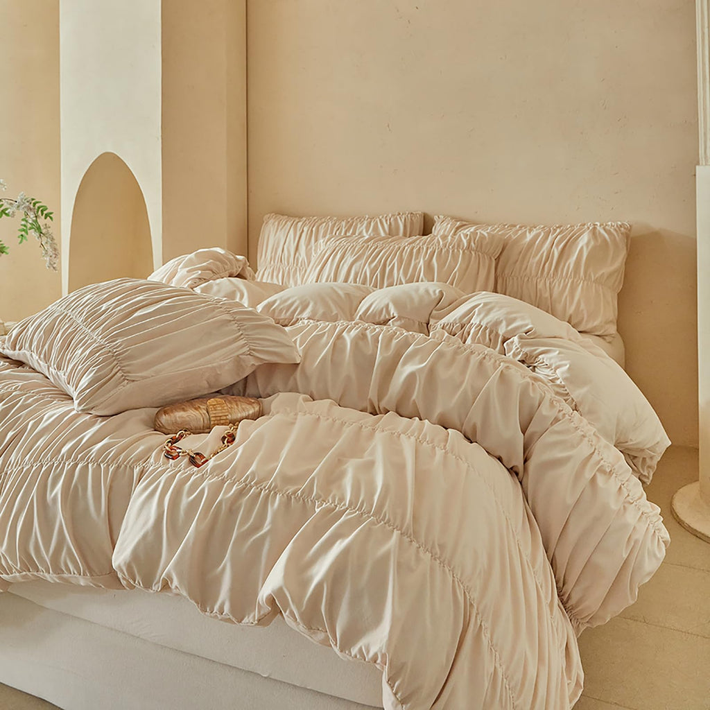3 Piece Boho Duvet Cover Full Soft Breathable Khaki Ruched Bedding