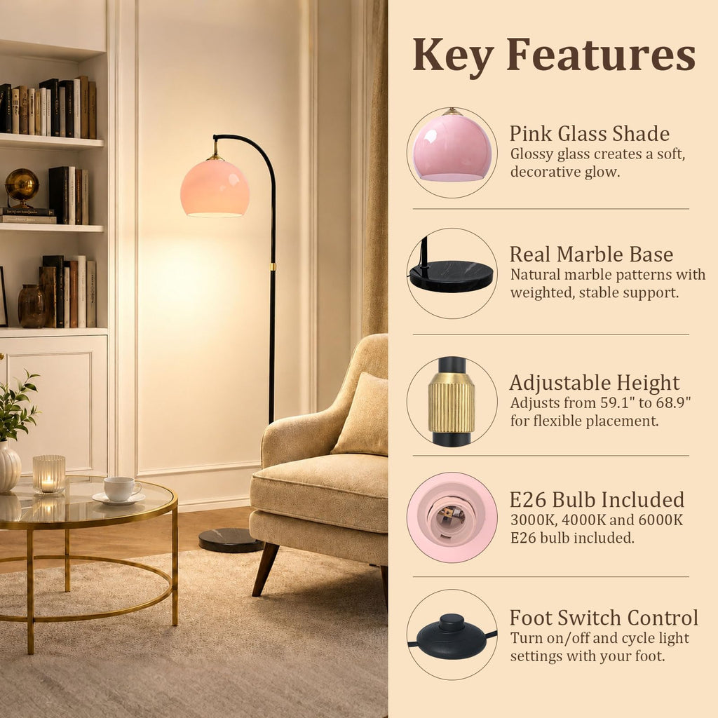 Inspired Arco Style Pink Arc Floor Lamp with Natural Marble Base, Mid Century Modern
