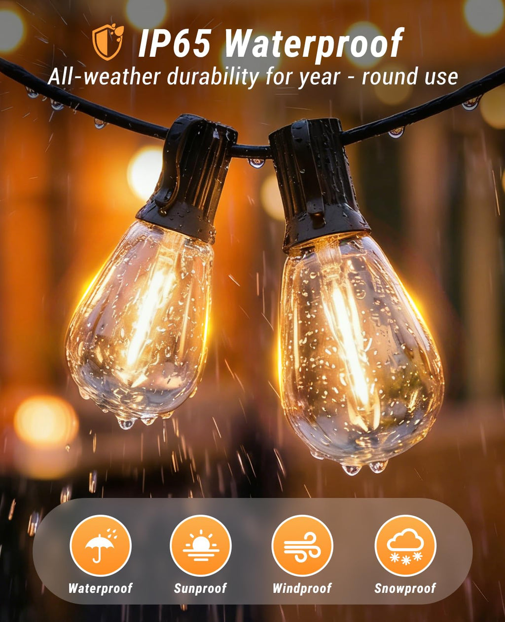 LED Outdoor String Lights with Remote, 72+2 Shatterproof Bulbs Dimmable Timing 3 Light Modes Outside Patio