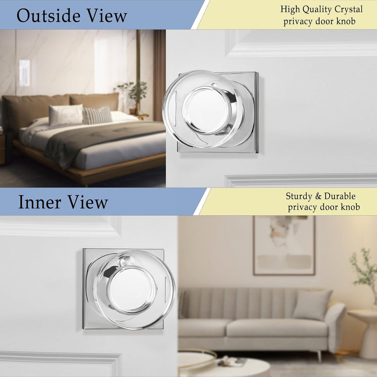 Crystal Glass Door Knobs Interior with Lock, Modern Round Privacy Door Knob Bedroom, Polished Chrome