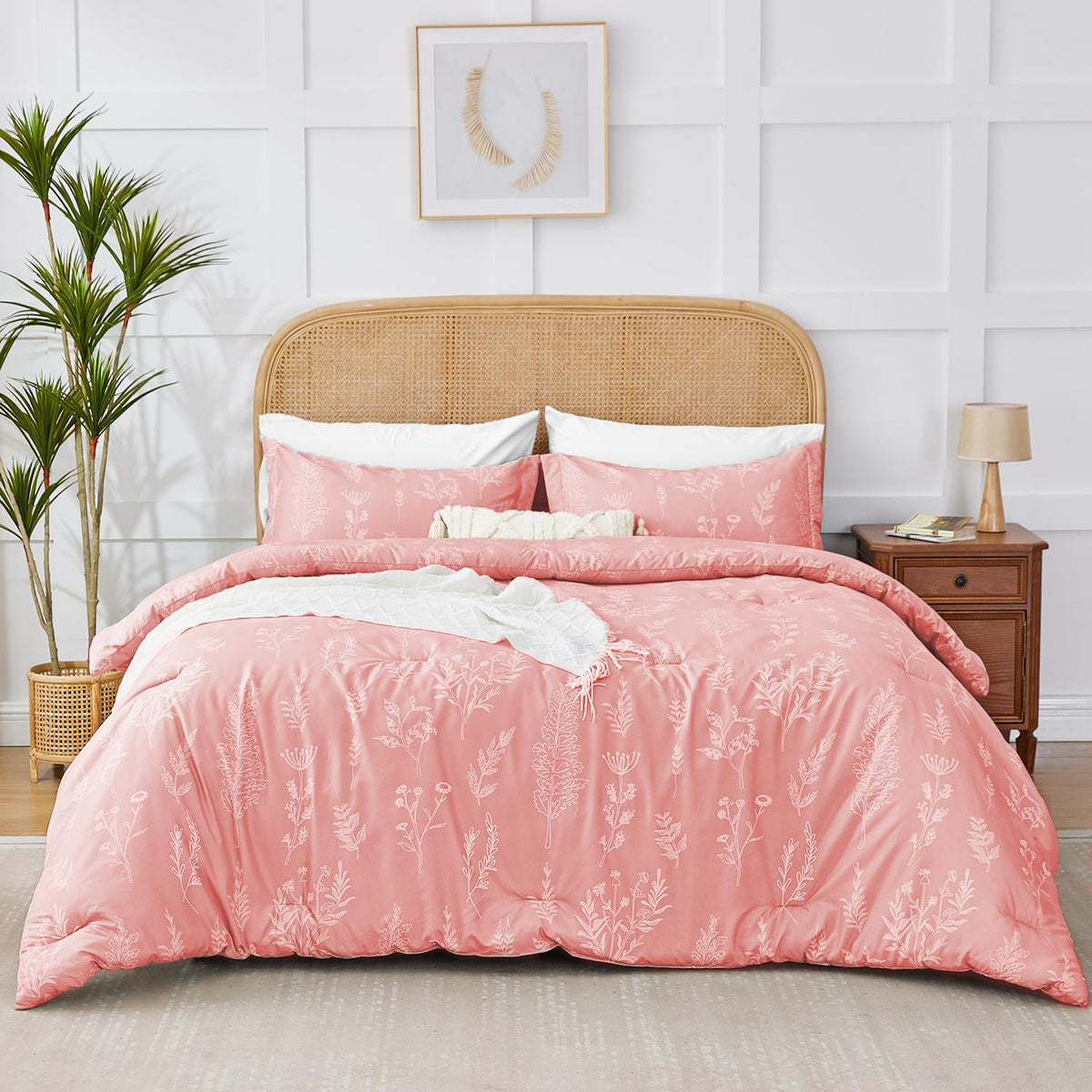 Floral Comforter Set Full Pink, Cute Flower Bed in a Bag Full Boho 7 Pieces, Soft Fluffy Bedding Sets with Comforter