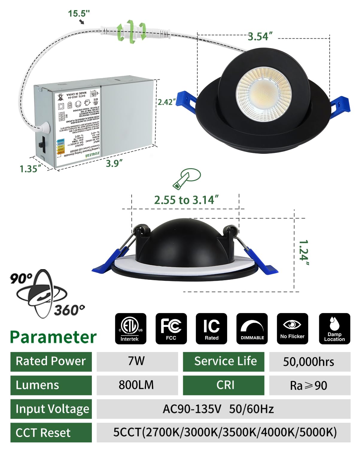 3 Inch Gimbal LED Recessed Lights, 5CCT, 7W 800LM, Black 1 Pack