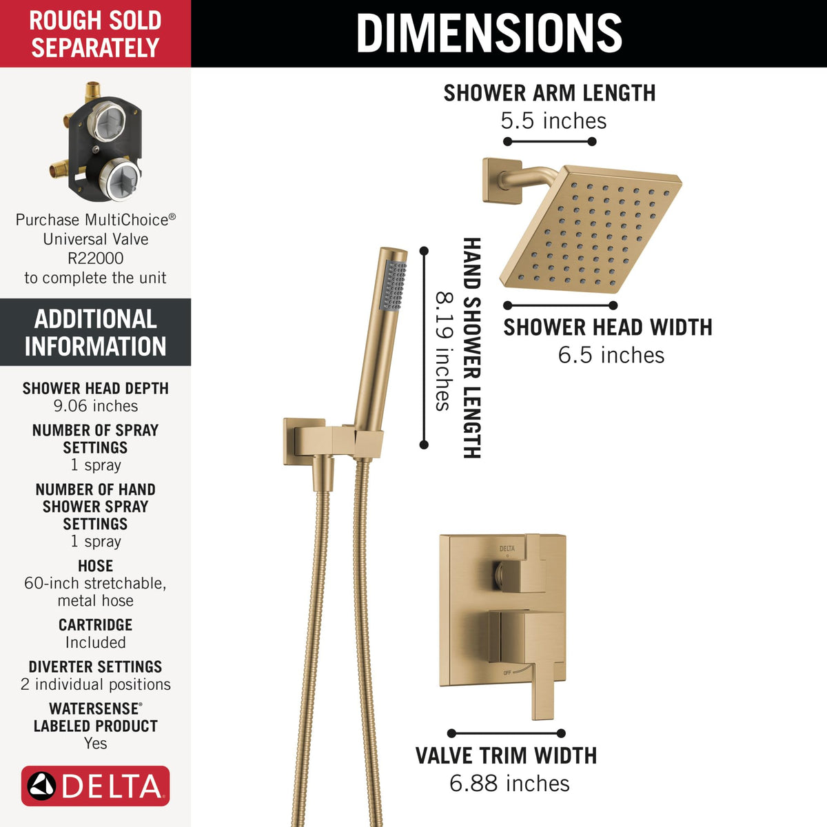 Modern Square Shower System Faucet Set, Brushed Gold 6.5-inch Shower Head and Handle Set, Valve Trim Kit, Champagne