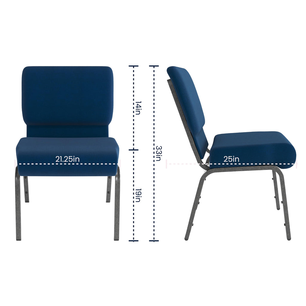 Series 21''W Stacking Church Chair in Navy Blue Fabric - Silver Vein Frame