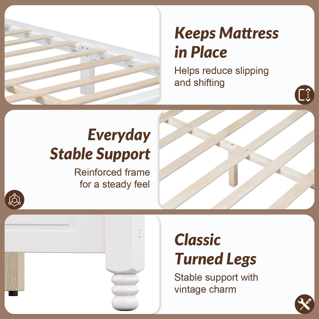 Farmhouse Bed Frame with Headboard, White Wood Platform Bed